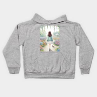 Sweet girl with a cat in the flower garden Kids Hoodie